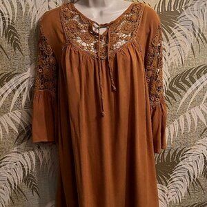 She + Sky Caramel or Rust Brown Rayon Tunic with Lace - Boho Hippie Style
